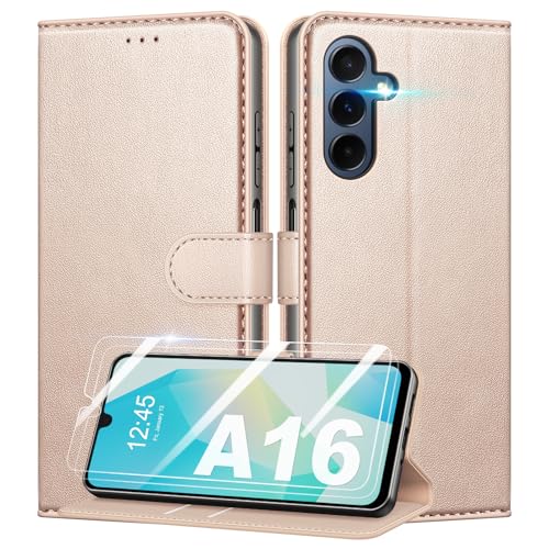 Mofurd Funda para Samsung Galaxy A16 4G/ 5G + 2 * Protector de Pantalla de Vidrio Templado, [Bloqueo RFID] Funda con Tapa de Cuero PU Premium Protector [Ranuras para Tarjetas] [Soporte], Rosa