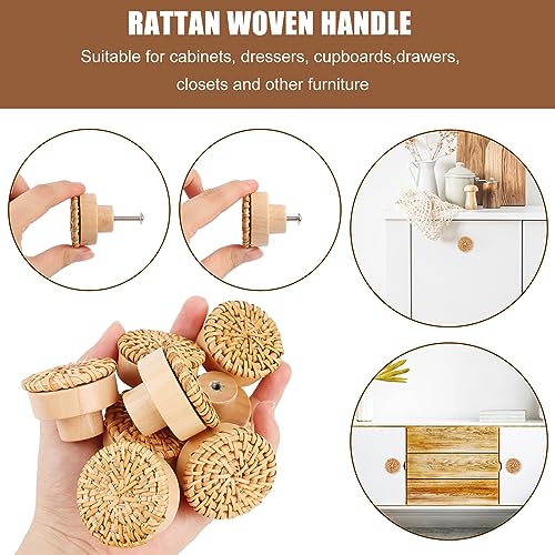 RUNEAY Rattan Cabinet Knobs, Pack of 8, 40 mm, Wooden Boho Handles, Natural Finish, Ambidextrous, Round Shape, Unfinished, Brown - Image 4