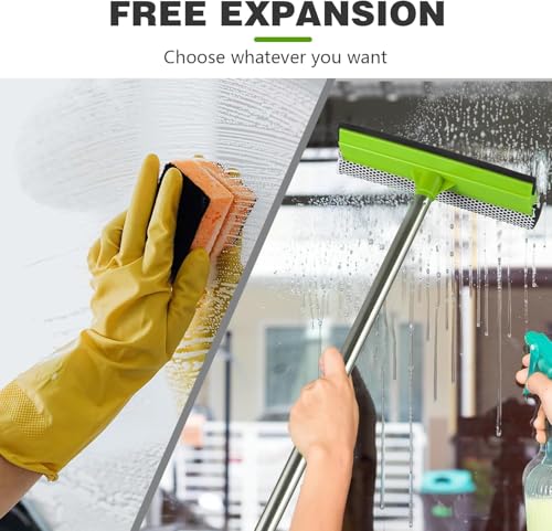 Image of 2-in-1 Window Squeegee with 30 inch-59 inch Stainless Steel Adjustable Handle - Glass Cleaner for Shower Doors, Car Windshield & High Outdoor Windows (Green)