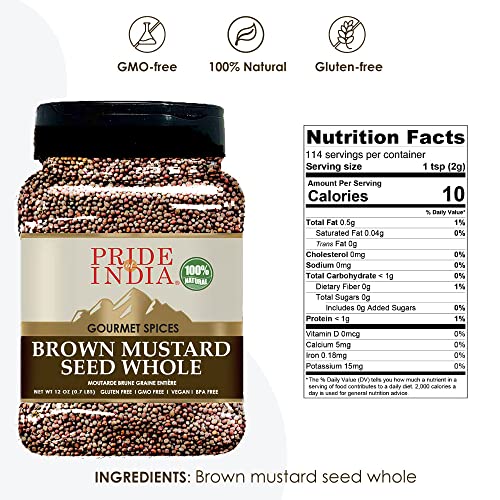 Pride of India – Brown Mustard Seed Whole – Gourmet Indian Spice – Hot & Spicy Flavor – Ideal Seasoning for sauces/dips/Spice Blends – Easy to Store – 8 oz. Medium Dual Sifter Bottle