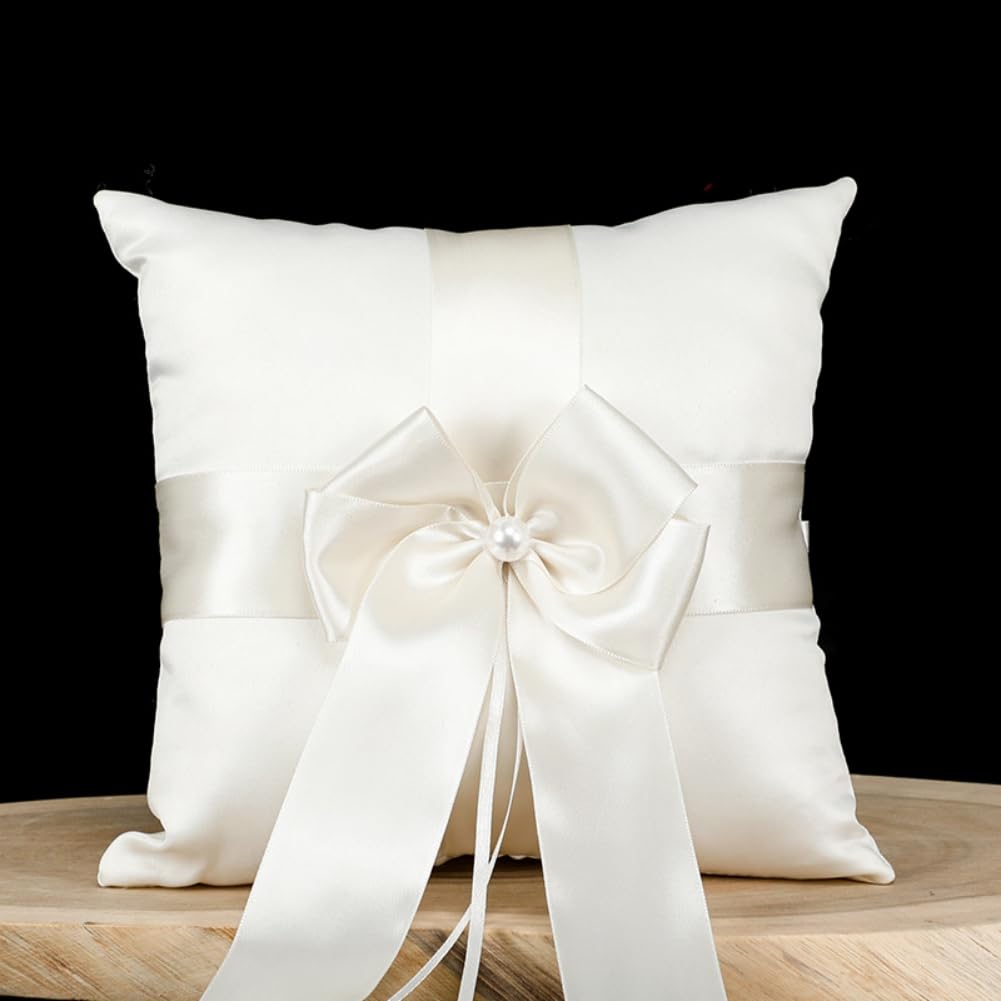 Cachpib Wedding Flower Girl Ring Pillow Romantic Satin Bow Pearls Ring Bearer Pillow for Wedding Party Decor Wedding Party Decoration Ceremony Supplies ring pillow One