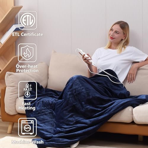 Image of Tefici Electric Heated Blanket Throw, Super Cozy Soft 2-Layer Flannel 50 inch x 60 inch Heated Throw with 6 Heating Levels & 4 Hours Auto Off, Machine Washable, ETL&FCC Certified, Home Office Use,Blue