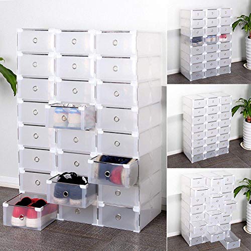 Homgrace Rangement de Chaussure, Lot de 20 boites a tiroir Transparente Pliable et Penderie Etagère à Chaussures Modulable DIY empilable Robustes pour la SDB, Garage, Chambre, Salon (24 boîte)