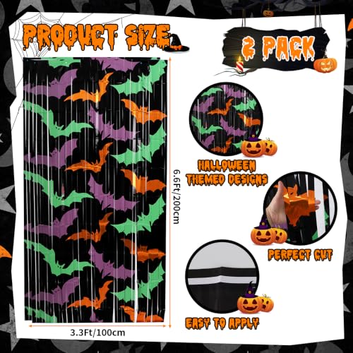 Image of TONIFUL 2Pcs Black Bat Metallic Tinsel Foil Fringe Curtain Door Streamers | 3.3ftx6.6ft Photo Booth Curtain Backdrop with Green Purple Orange Bat Print for Halloween Spooky Birthday Party Decorations