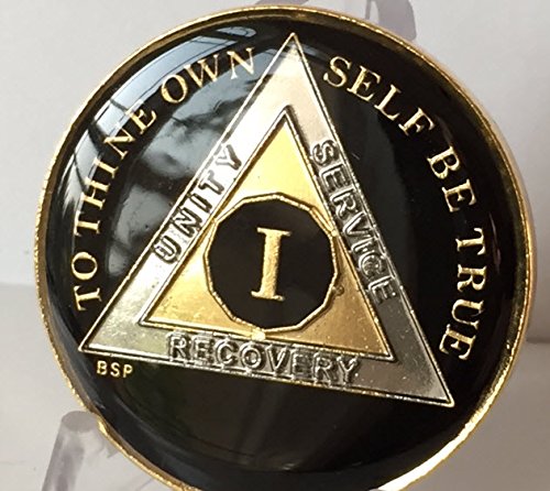 1 Year Classic Black Aa Alcoholics Anonymous Medallion Sobriety Chip Tri Plate Gold & Nickel Plated Serenity Prayer #TOP2
