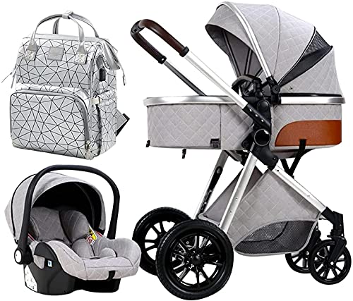 3 in 1 Pram,Stroller Car Seat Combo, Adjustable High View Prams and Strollers for Babys, Pushchair Stroller 3 in 1 Carriage with Stroller Rain Cover, Stroller Foot Cover (Color : Light Gray)