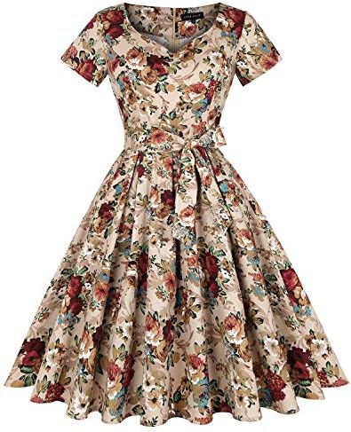 MINTLIMIT Women's Rockabilly 50s Vintage Floral Pinted Short Sleeve Cocktail Swing Dress (Floral Khaki - Size S)