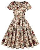 MINTLIMIT Women's Rockabilly 50s Vintage Floral Pinted Short Sleeve Cocktail Swing Dress (Floral Kha