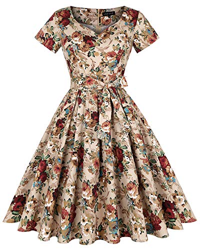 Mintlimit Women's Rockabilly 50S Vintage Floral Pinted Short Sleeve Cocktail Swing Dress (Floral Khaki - Size S) #TOP6