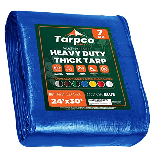 Image of Heavy Duty 7 Mil Tarp Cover, Waterproof, UV Resistant, Rip and Tear Proof, Poly Tarpaulin with Reinforced Edges for Roof, Camping, Patio, Pool Cover, Boat (Blue 24′ X 30′)