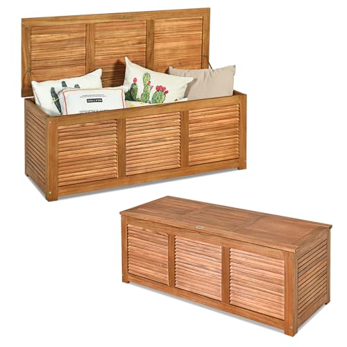 COSTWAY Arcón Jardín Exterior de Madera de Acacia, 178L Baúl Almacenaje, 2 en 1 Contenedor Exterior con Asa y Diseño Transpirable, Banco para Cojines y Herramientas de Jardinería, 120 x 45 x 45 cm