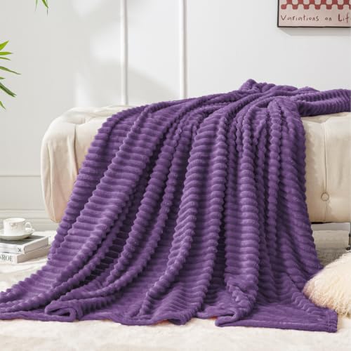Image of BEDELITE 3D Ribbed Jacquard Purple Fleece Twin Blanket for Couch, 60 inchx80 inch