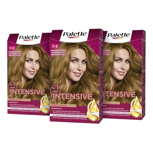 Palette Intensive Creme Color 7-5 Rubio Dorado Caramelo, tinte permanente con aceite de macadamia y almendras, cubre el 100% de las canas y raíces, para un pelo radiante, Pack 3