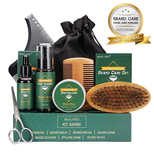 Kit Barba per Uomo 9 in 1 Kit per La Cura della Barba - Kit Cura Barba Completo con Olio Barba, Balsamo Barba, Shampoo Barba, Spazzola, Pettine, Forbici, Borsa di Stoccaggio, Perfetto Regali per Uomo