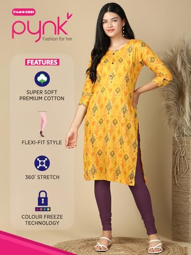 Image of Lux Cozi PYNK Solid Premium Cotton Lycra Churidar Leggings for Women | Regular Fit Elastic Waist Full Length Women Leggings | Free Size