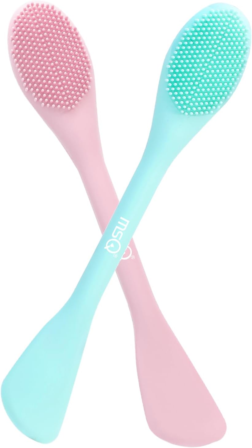 MSQ Silicone Face Mask Brush, Soft Facial Cleansing Scrubber, 2 Pack Double-End Facial Mask Brush for Mud, Clay, Charcoal Mixed Mask, DIY, Skincare Applicator Tools (Pink)