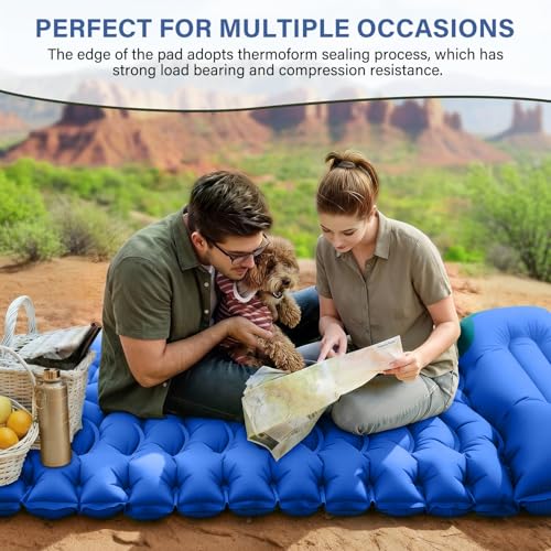 Image of FUN PAC Camping Sleeping Pad with Pillow Built-in Foot Pump Inflatable Sleeping Mat Compact for Camping Backpacking Hiking Traveling - Blue