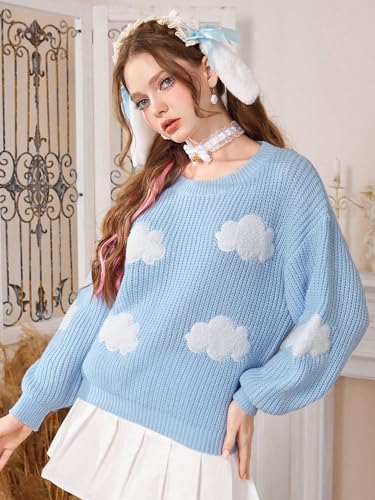 Image of WDIRARA Women's Cloud Pattern Round Neck Long Sleeve Sweater Casual Knit Pullovers Blue L
