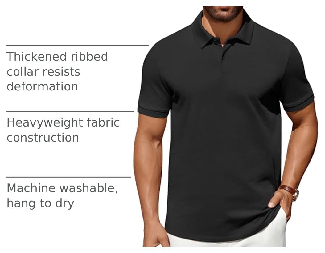 COOFANDY Men's Polo Shirts 100% Cotton Heavyweight Short Sleeve Button Golf Shirts Classic Pullover Ribbed Collar and Cuffs image 4