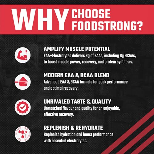 Image of Foodstrong EAA 9000 with Hydrating Electrolytes, Fruit Punch Flavour, 9g Essential Amino Acids (EAA) & 6g BCAA Per Serving - Supports Muscle Recovery & Rehydration - 300g, 25 Servings