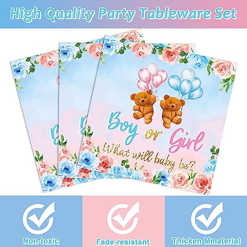 Image of 96 Pieces Bear Gender Reveal Theme Tableware Set for Gender Reveal Party Table Decor Supplies Boy or Girl Dessert Plates Napkins Forks for 24 Guests Pink Blue Bear Baby Shower Disposable Party Favors