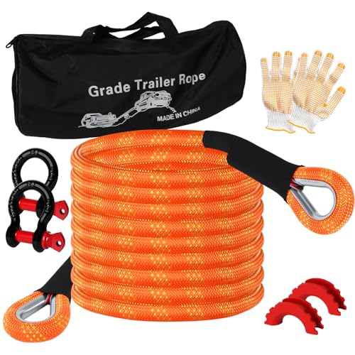 Longzhuo Abschleppseile 6m (20ft) mit Abschleppgurt 22000 LBS (10t) Tragfähigkeit - rutschfeste Handschuhe + Aufbewahrungstasche + Zubehör - Für LKW, Jeep, Traktor, ATV, UTV, Pkw - Straßenrettung