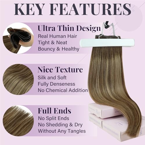 Fshine Human Hair Hand Tied Weft Extensions 50g 16Inch Human Hair Weft Balayage Dark Brown Highlights Platinum Blonde Straight Human Hair Weft Extensions Sew - Image 4