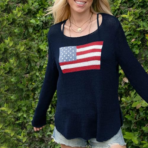 Image of Women American Flag Sweater Loose Vintage USA Sweatshirt Long Sleeve Crewneck Hollow Out 4th of July Jumper