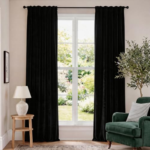 Image of Extra Long Black Velvet Curtains Rod Pocket 52x108 Inch 2 Panels | Soft Velvet, For Tall Windows & High Ceilings, Light Shifting Texture, Elegant Drape, Classic, Rod Pocket
