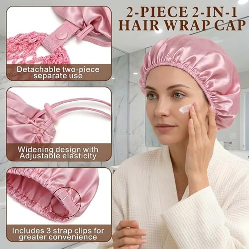 2PCS Wrap Cap Hair Net and Scarf, Wrap Cap and 2 in 1 Wrap Cap for Silk Press, Double Layer Design Bonnet for Styling, Overnight Use or Hair Care Black