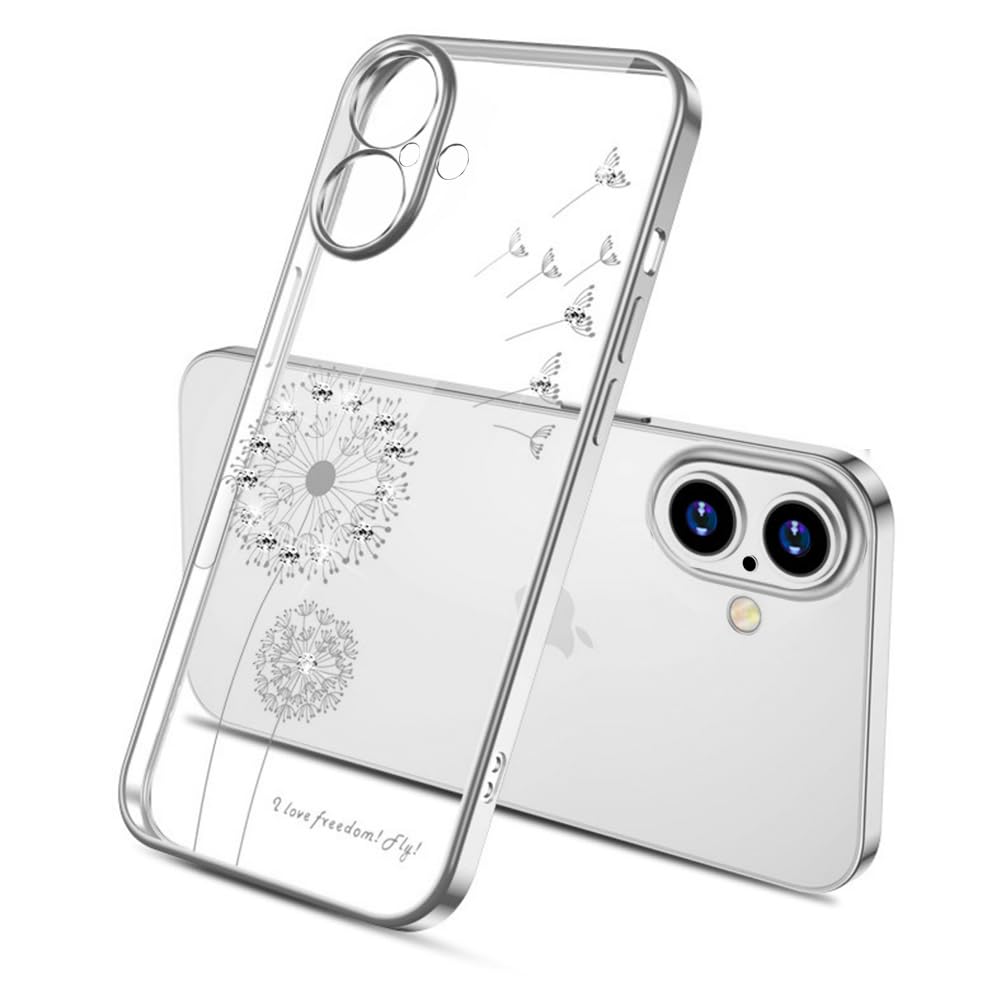 YUYIB スマホケース 対応 iPhone16 クリアケース 6.1" 透明 メッキ加工 キラキラ かわいい 花柄 tpu ソフトケース キャラクター 女性人気 薄型 おしゃれ 衝撃吸収 ブランド スマホケース 対応 アイフォン16 携帯カバー (シルバー, iPhone16)