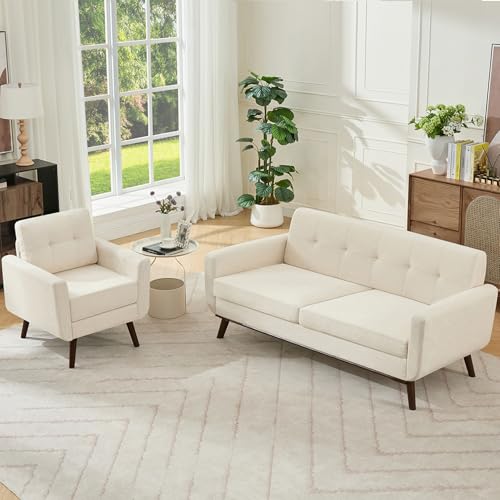 Image of Kingfun Living Room Furniture Sets, Standard & Accent Chair, Mid Century Modern Decor Sofa Couches, Button Tufted Upholstered Furniture, Beige | linen fabric