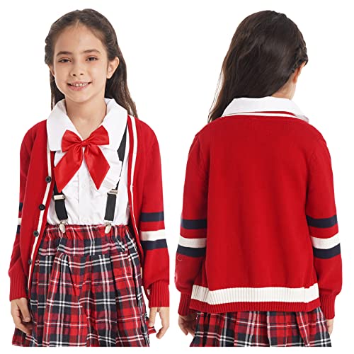 Girls School Uniforms Long Sleeve Sweater Striped Print Cardigan Outerwear Button Closure Front Knitting Tops