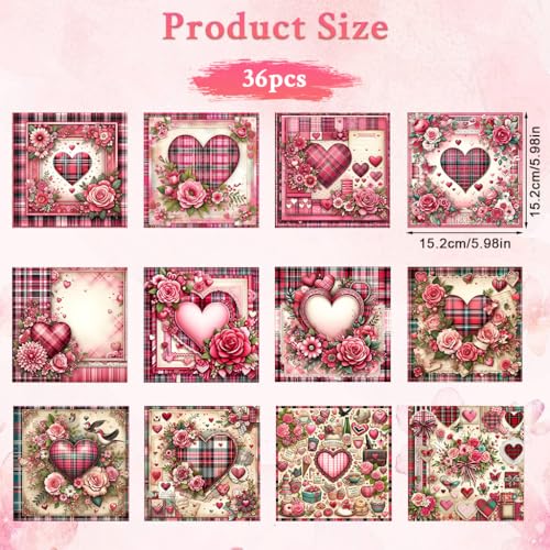 Image of ZIBUYU 36 Sheet Vintage Plaid Paper Sheets, 12 Retro Floral Assorted Designs, Roses, Hearts & Lace Patterns, 6'' Decorative Craft Paper Sheets for Scrapbooking, Journaling, Card Making