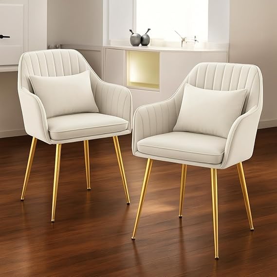 Image of Toxigo Velvet Office and Garden Area Outdoor Chairs | Cushion Seat Chair with Pillows for Modern Contemporary Upholstered with Polished Rosegold Metal Designer Piece | Set of 2 (Off White)
