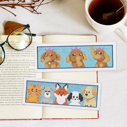 Image of INFUNLY 6PCS Horizontal Animals Cross Stitch Bookmarks Kits 3x8.5inch Brave Penguin Stamped Embroidery Bookmark Set Pets Cats Dogs Needlepoint Bookmark Kit with Instruction for Book Lovers Writer