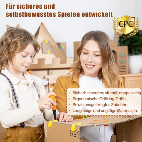 ZLemma Karton-Baukasten mit Werkzeugen für Kinder – 3D Bastelset mit Sicherheitsringen, Schrauben & Muttern, Scharnieren, Werkzeug-Set & Anleitung – Kreatives STEM Spielzeug ab 6 Jahren, 401-teilig