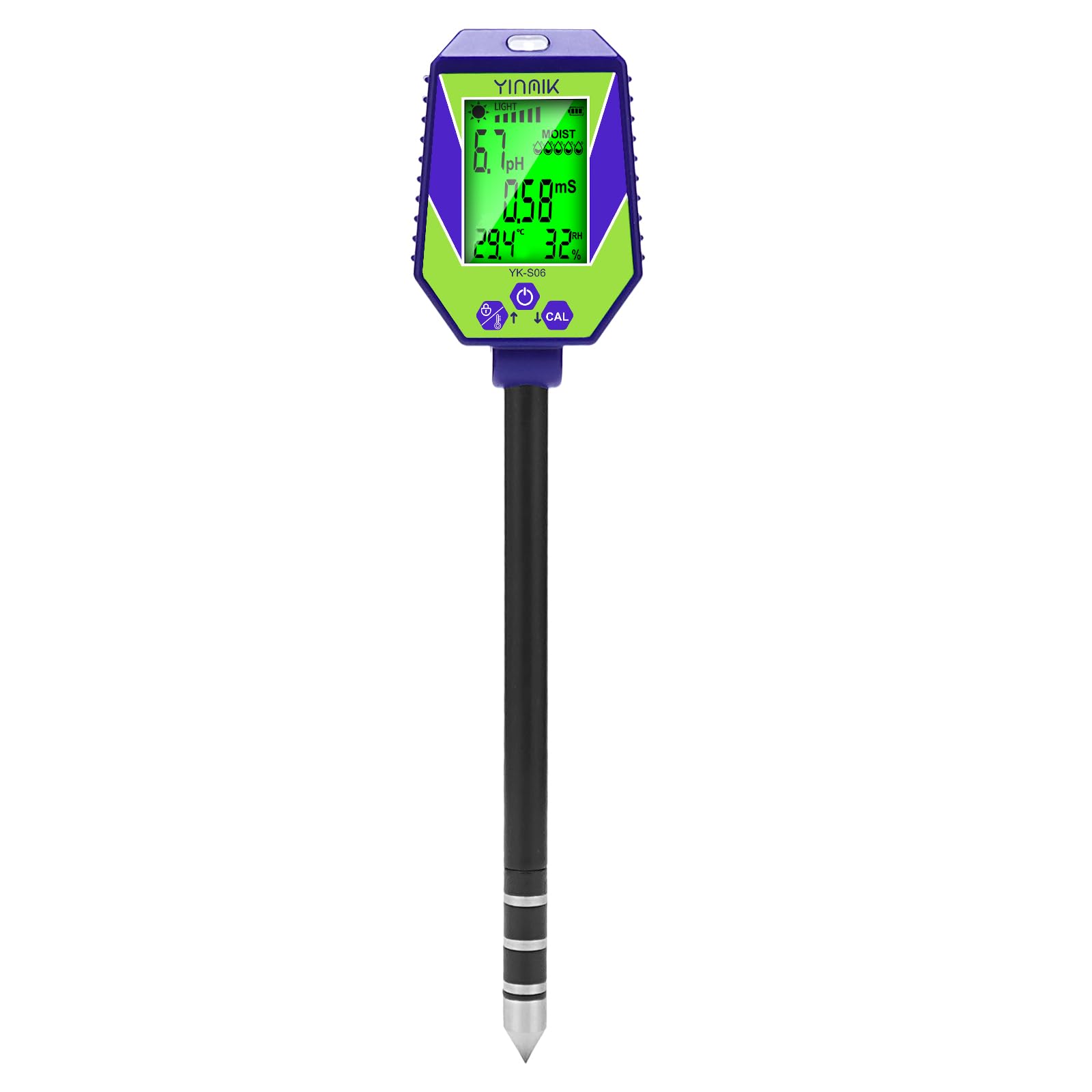 YINMIK Misuratore del Terreno 6 in 1 per PH/umidità/Conduttività | Kit di Analisi Tutto in Uno, Misura pH e EC, Misura Luce e Temperatura, Per Piante