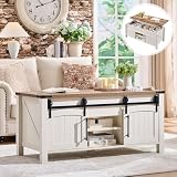 OKD Farmhouse Lift Top Coffee Table with Sliding Door, 48' Large Rustic Center Table with Hidden Storage Compartment, Lifting Tabletop, Adjustable Shelf for Living Room, Office,Antique White