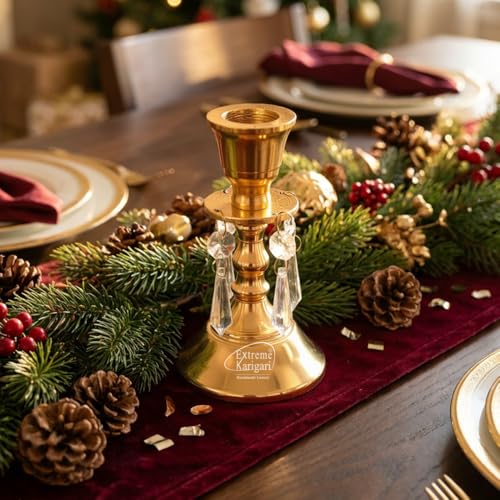 Image of Aluminum Taper Candle Stand with Hanging Crystal Drops | 5 inch Height | Wedding, Dining Table & Home Decor Centerpiece | 5inch
