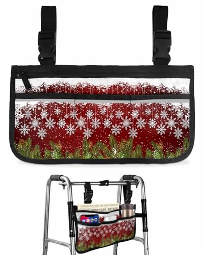 Anzona Red Merry Christmas Wheelchair Side Bag Walker Bag, Winter Pine Twig Snowflake Wheelchair Accessories Armrest Pouch, Organizer Storage Bag for Walkers, Rollators, Scooters, 7.3''x13''