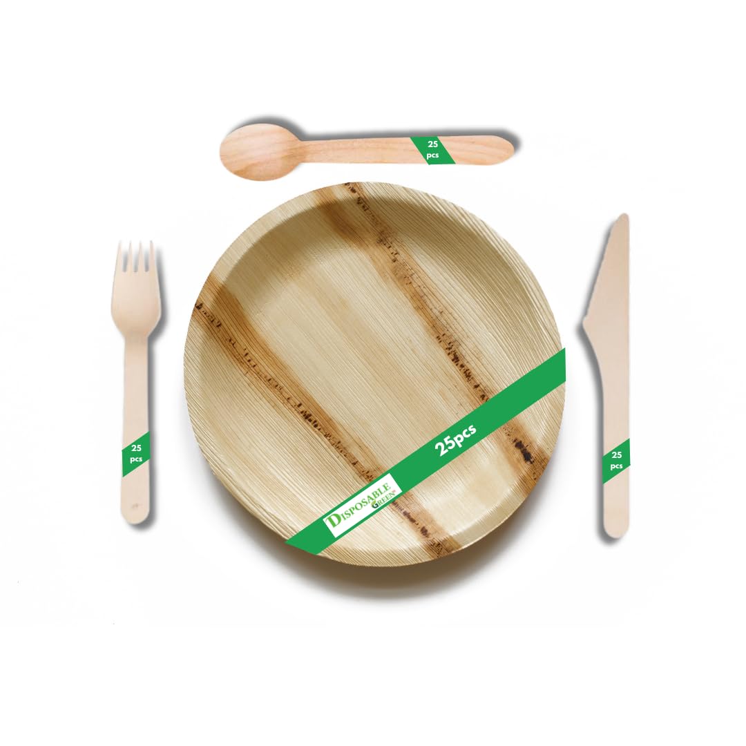 DISPOSABLE GREEN 750pcs Palm Leaf Plates and Cutlery Set - 25 Large Round, 25 Small Side Plates, 25 Spoons, Forks, Knives - Eco Friendly Biodegradable (750 pcs, 150pcs Each)