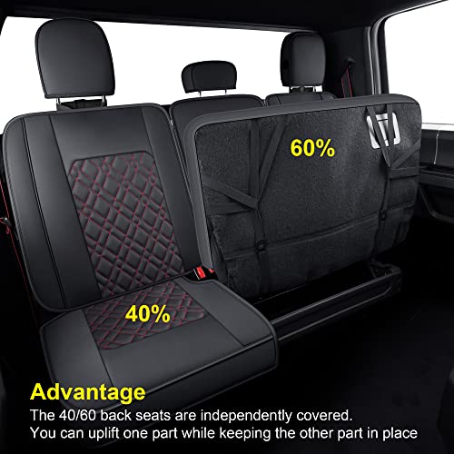 Image of LUCKYMAN CLUB F150 Full-Set Seat Covers J03-Q3 with Waterproof Faux Leather, Fit 2015-2025 Ford F150 and 2017-2025 F250 F350 F450 (Full Set, Black-Red)