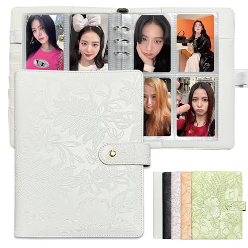 KPOP A5 6 Ring Photocard Binder Embossed PU Leather Card Album with 240 Pockets Portable Photo Card Holder for Kpop Fans Trading Cards & Collectibles (White)