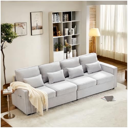 Lubvtti Sofá 4 Plazas con Bolsillos para Reposabrazos y 4 Cojines, Moderno de Tela de Lino, Estilo Sencillo para Salón o Dormitorio, Gris Claro