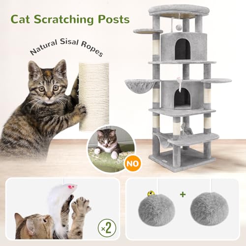 Image of Globlazer Corner Cat Tree for Large Cats, 66inch Tall Curved Series Large Cat Tower for Multiple Indoor Cats with 6 Scratching Posts, 2 Spacious Cat Condos, Hammock, Hanging Basket, C66, Light Grey