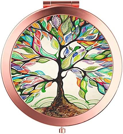 YCKMD Rose Gold Travel Purse Mirror Compact Double Sides 2X & 1x Magnification Hand Mirror Metal Round Bohemian Mirror for Women and Girls-Life Tree