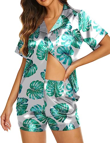 Image of Ekouaer Womens Pajama Sets 2 Piece Satin Silk Pjs Button Up Notch Collar Nightwear Short Sleepwear Set,Floral Green Leaves,Medium