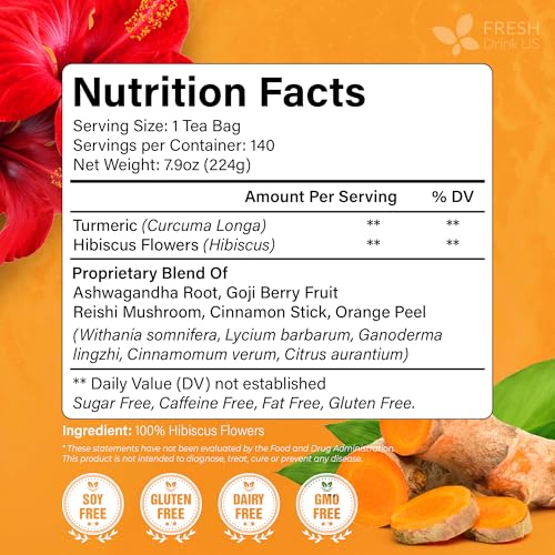 Image of FreshDrinkUS, Premium Harmony Herbal Tea | 60 Tea bags | 100% Natural Turmeric, Hibiscus, Ashwagandha, Goji Berry, Reishi, Cinnamon & Orange Peel - Naturally Aromatic Caffeine-Free Tea