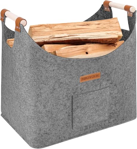 Leñero interior XL cesta de fieltro de fieltro extra grueso y asa reforzada | Cesta leña plegable bolsa de fieltro para la compra, leña, periódico o leña(gris tórtola)